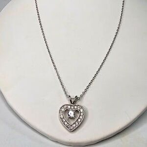 Glass Rhinestone Heart Silver Tone Pendant with Silver Tone Chain Necklace 18"L